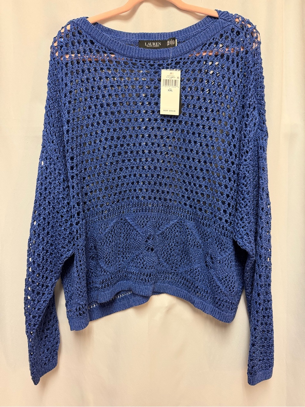 LAUREN Ralph Lauren Pointelle Knit Linen Blend Sweater Blue Crochet Size XXL NWT